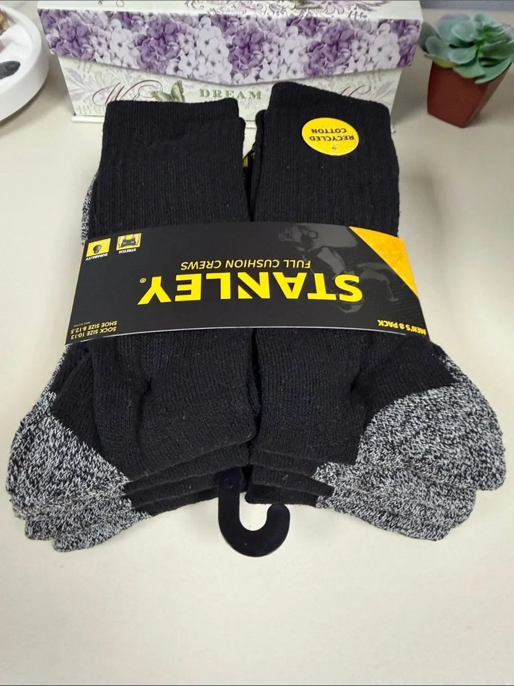 STANLEY Black Heather White Combo Cushioned Soft Cotton Blend Full Crew Socks